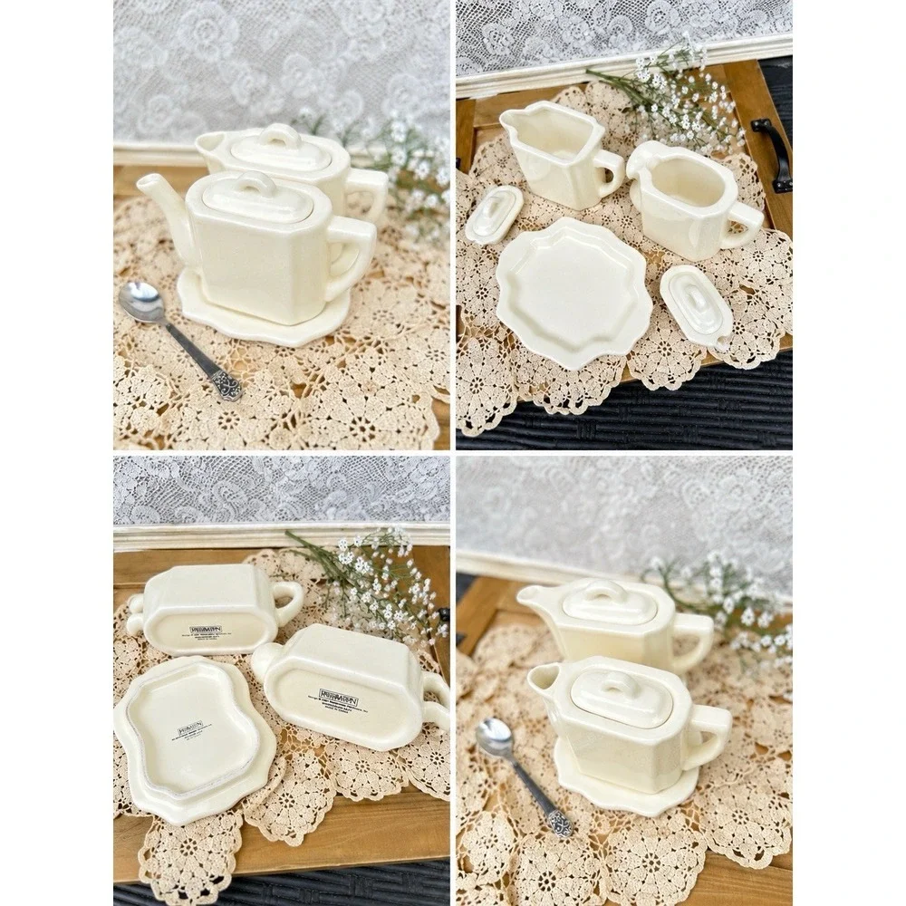 2001 RESTORATION HARDWARE CREAM   STONEWARE TEA FOR TWO TEAPOTS SET WITH TRIVET